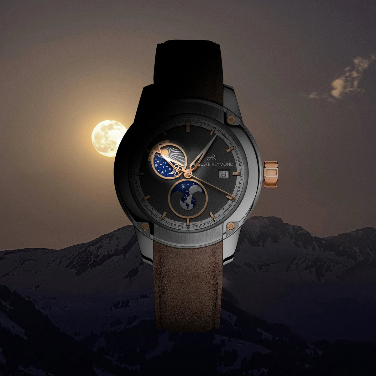 AUGUSTE REYMOND UNITY DAY AND NIGHT GREY AND GOLD GENTLEMAN’S DRESS BROWN LEATHER UAE