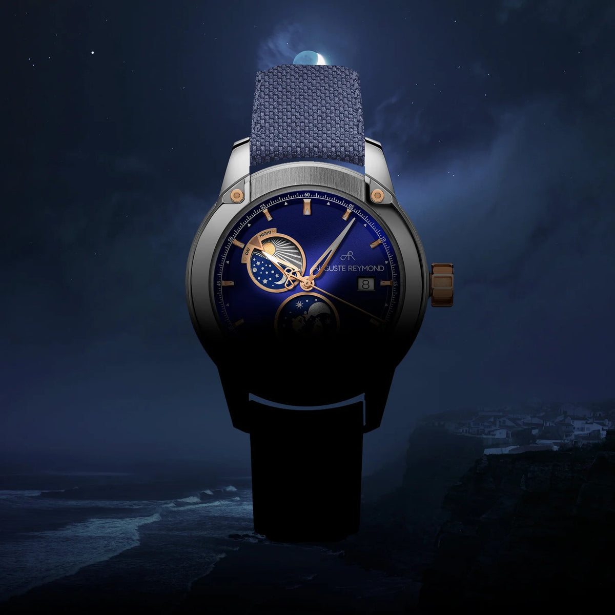 AUGUSTE REYMOND UNITY DAY AND NIGHT SUNBRUSHED BLUE AND GOLD GENTLEMAN’S DRESS BLUE LEATHER UAE