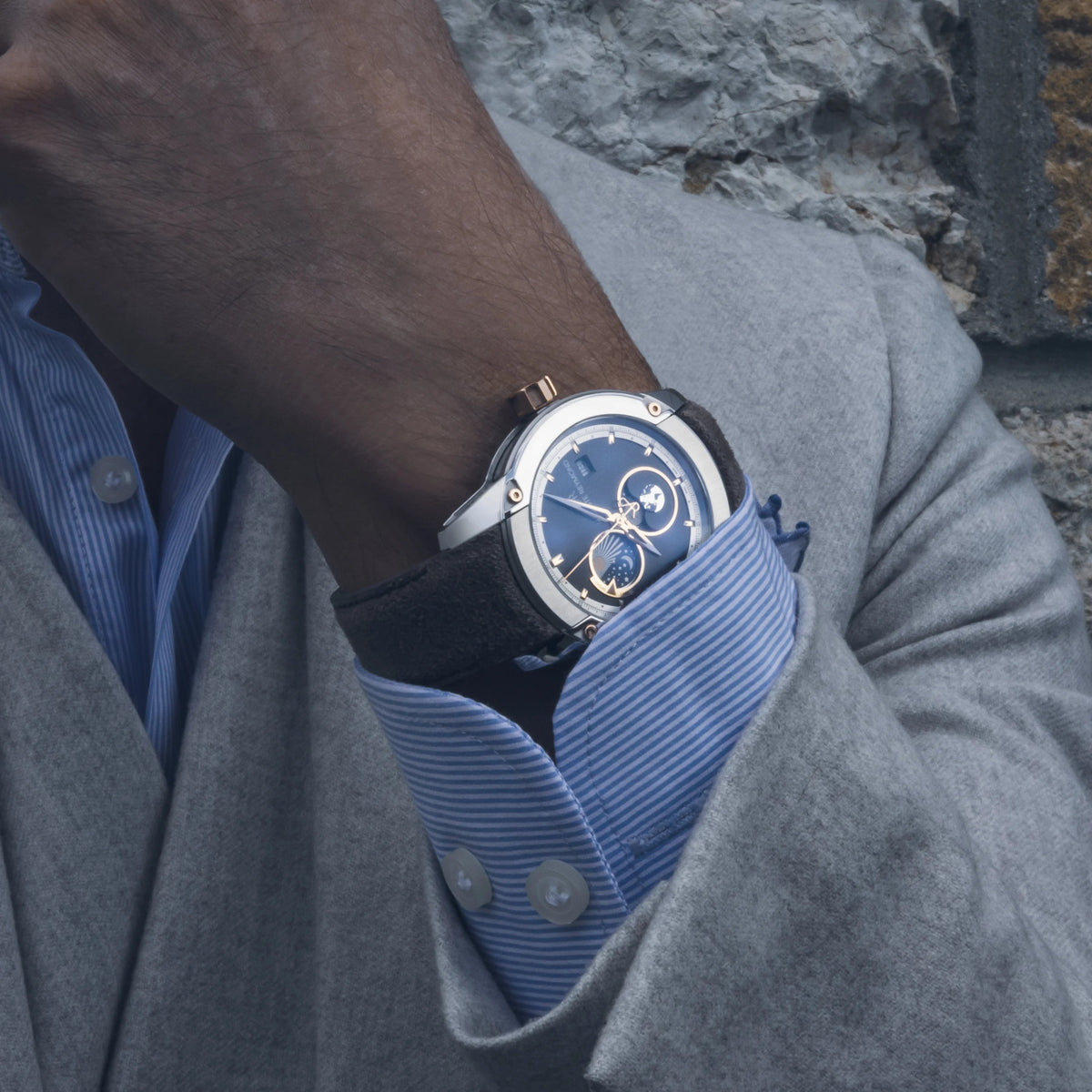 AUGUSTE REYMOND UNITY DAY AND NIGHT SUNBRUSHED SILVER GENTLEMAN’S DRESS BLUE LEATHER UAE