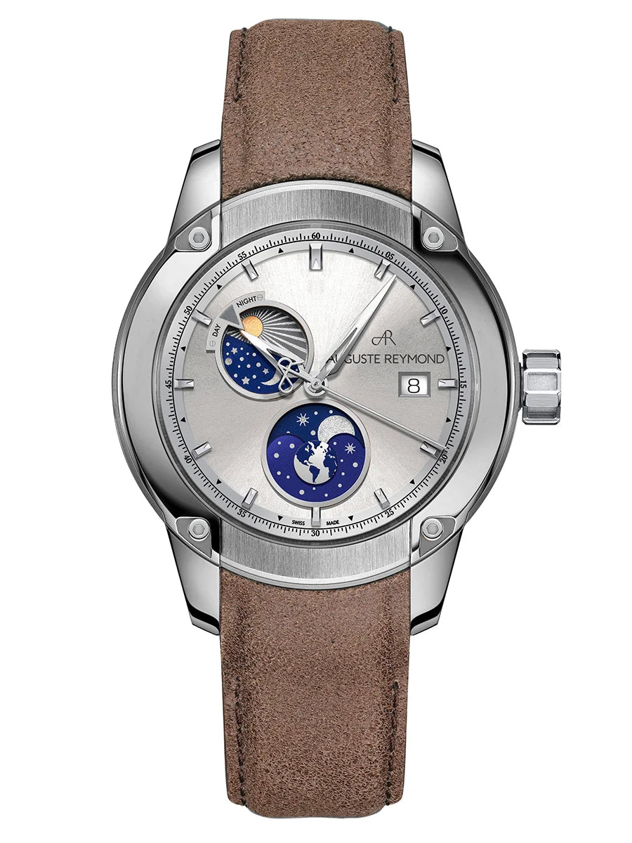 AUGUSTE REYMOND UNITY DAY AND NIGHT SUNBRUSHED SILVER GENTLEMAN’S DRESS BROWN LEATHER