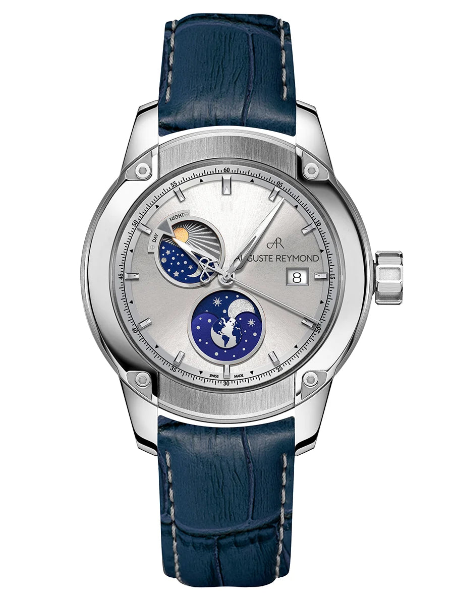 AUGUSTE REYMOND UNITY DAY AND NIGHT SUNBRUSHED SILVER GENTLEMAN’S DRESS BLUE LEATHER