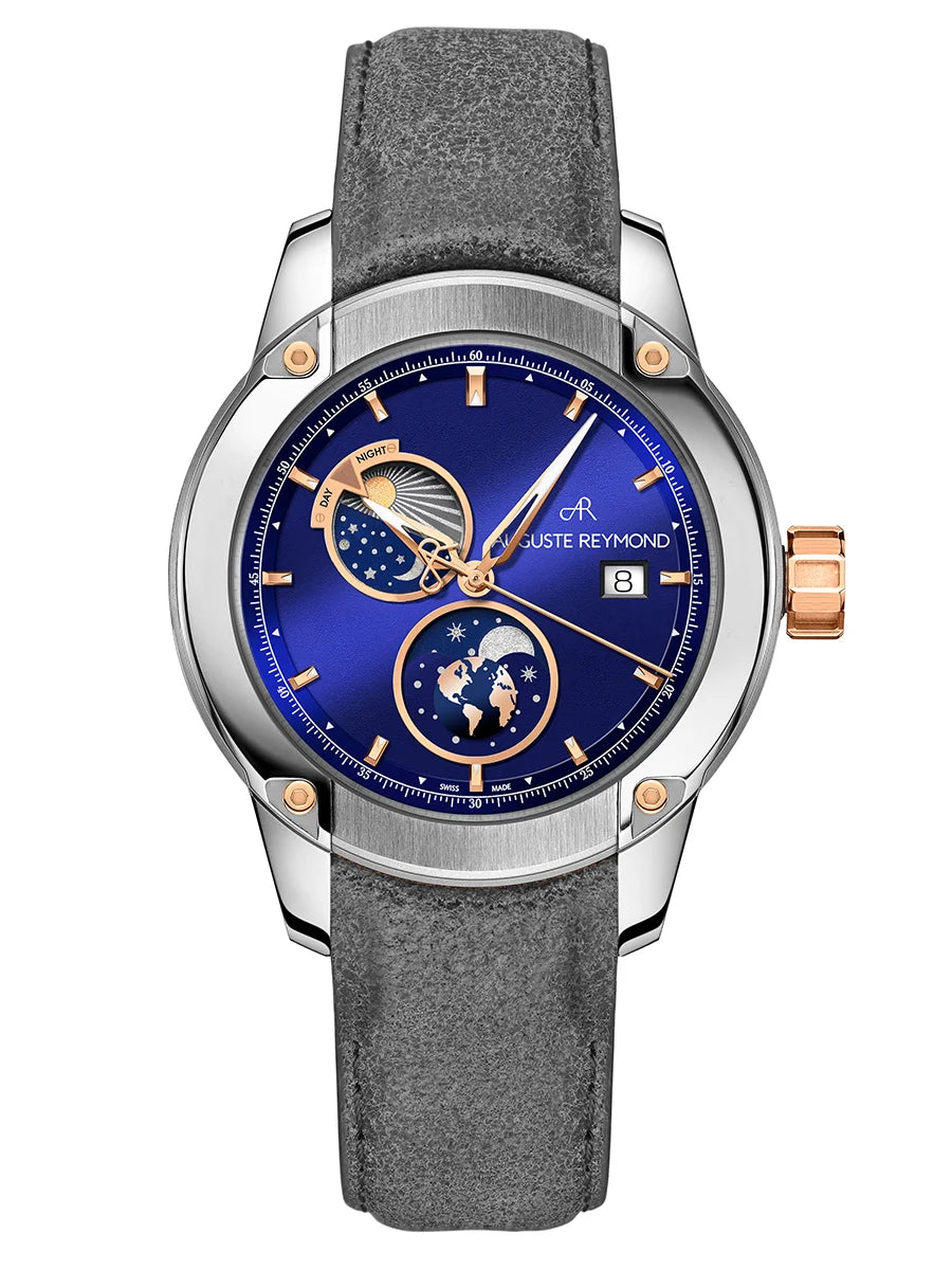 AUGUSTE REYMOND UNITY DAY AND NIGHT SUNBRUSHED BLUE AND GOLD GENTLEMAN’S DRESS GREY LEATHER