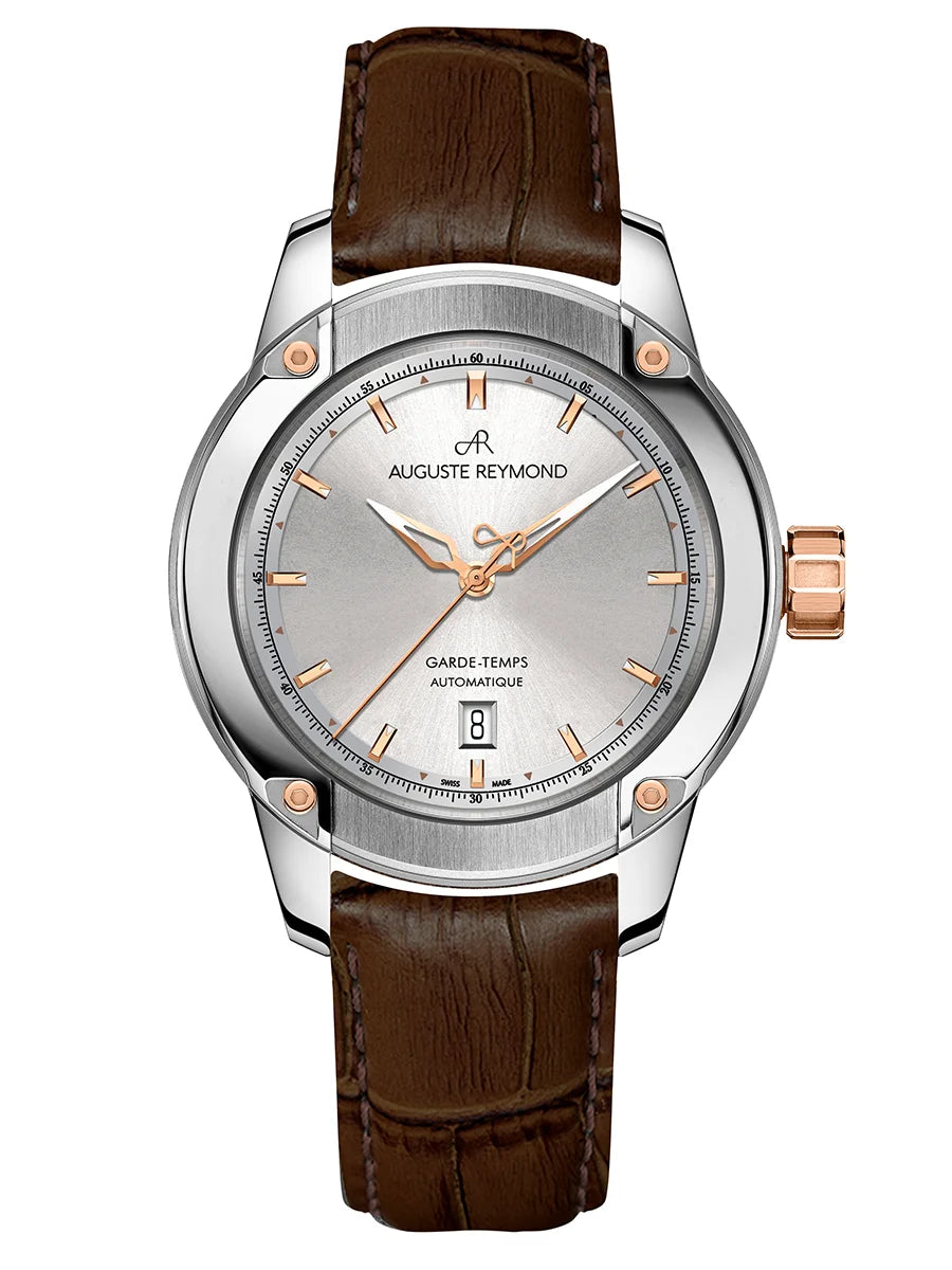 AUGUSTE REYMOND UNITY SUNBRUSHED SILVER AND GOLD GENTLEMAN’S DRESS DARK BROWN LEATHER