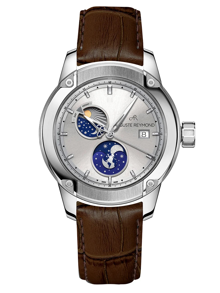 AUGUSTE REYMOND UNITY DAY AND NIGHT SUNBRUSHED SILVER GENTLEMAN’S DRESS DARK BROWN LEATHER