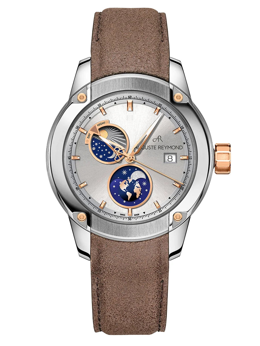 AUGUSTE REYMOND UNITY DAY AND NIGHT SUNBRUSHED SILVER AND GOLD GENTLEMAN’S DRESS BROWN LEATHER