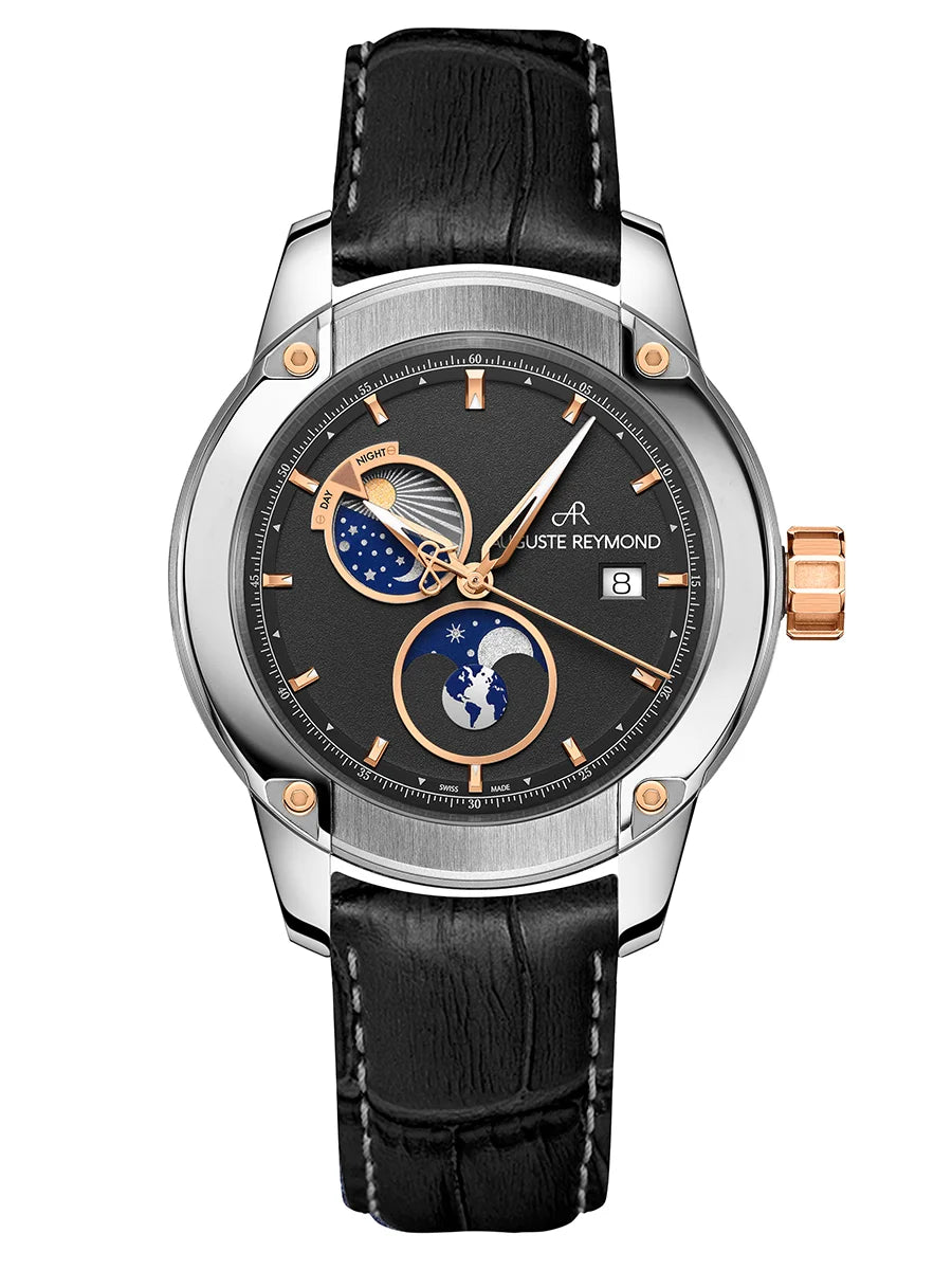 AUGUSTE REYMOND UNITY DAY AND NIGHT BLACK AND GOLD GENTLEMAN’S DRESS BLACK LEATHER