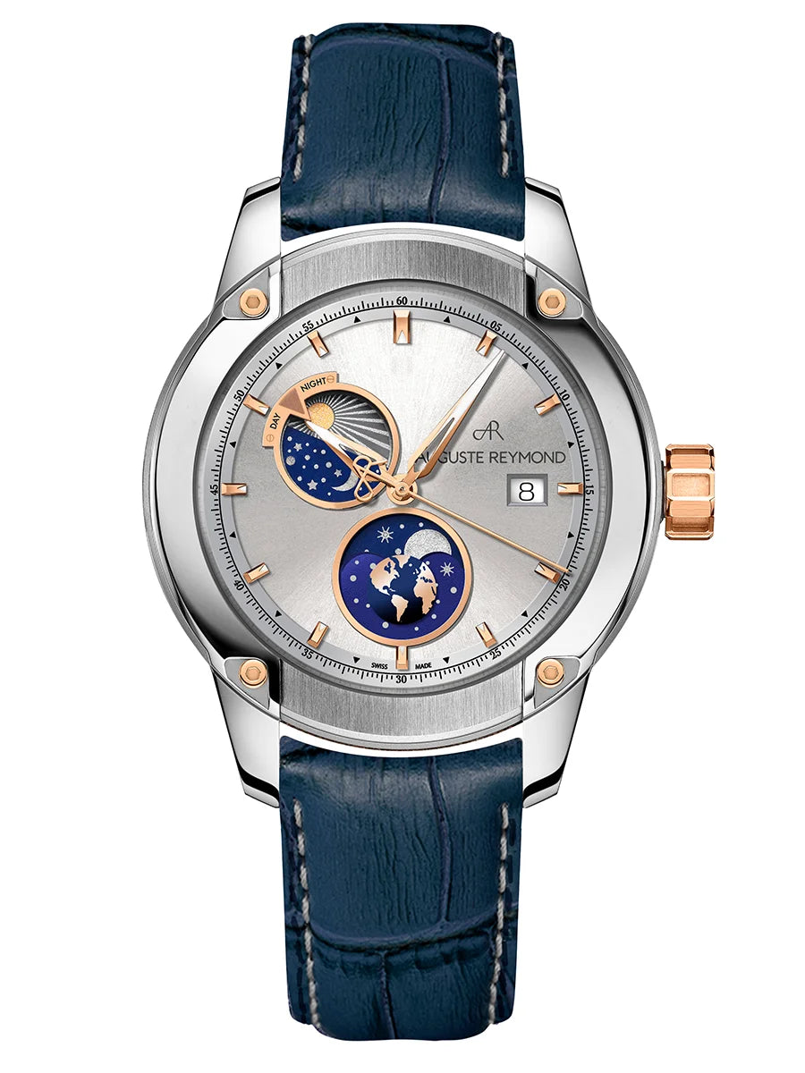 AUGUSTE REYMOND UNITY DAY AND NIGHT SUNBRUSHED SILVER AND GOLD GENTLEMAN’S DRESS BLUE LEATHER