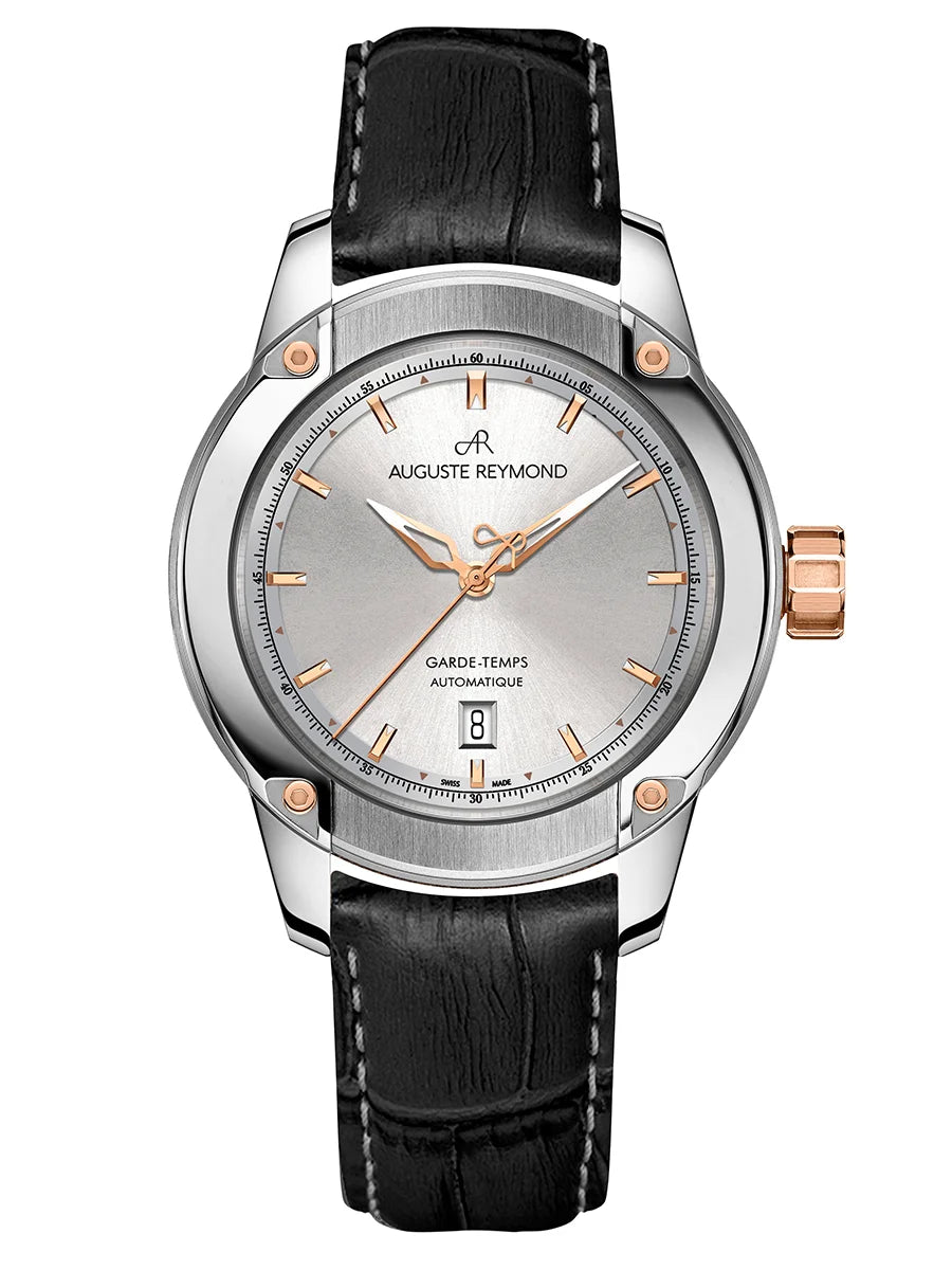 AUGUSTE REYMOND UNITY SUNBRUSHED SILVER AND GOLD GENTLEMAN’S DRESS BLACK LEATHER