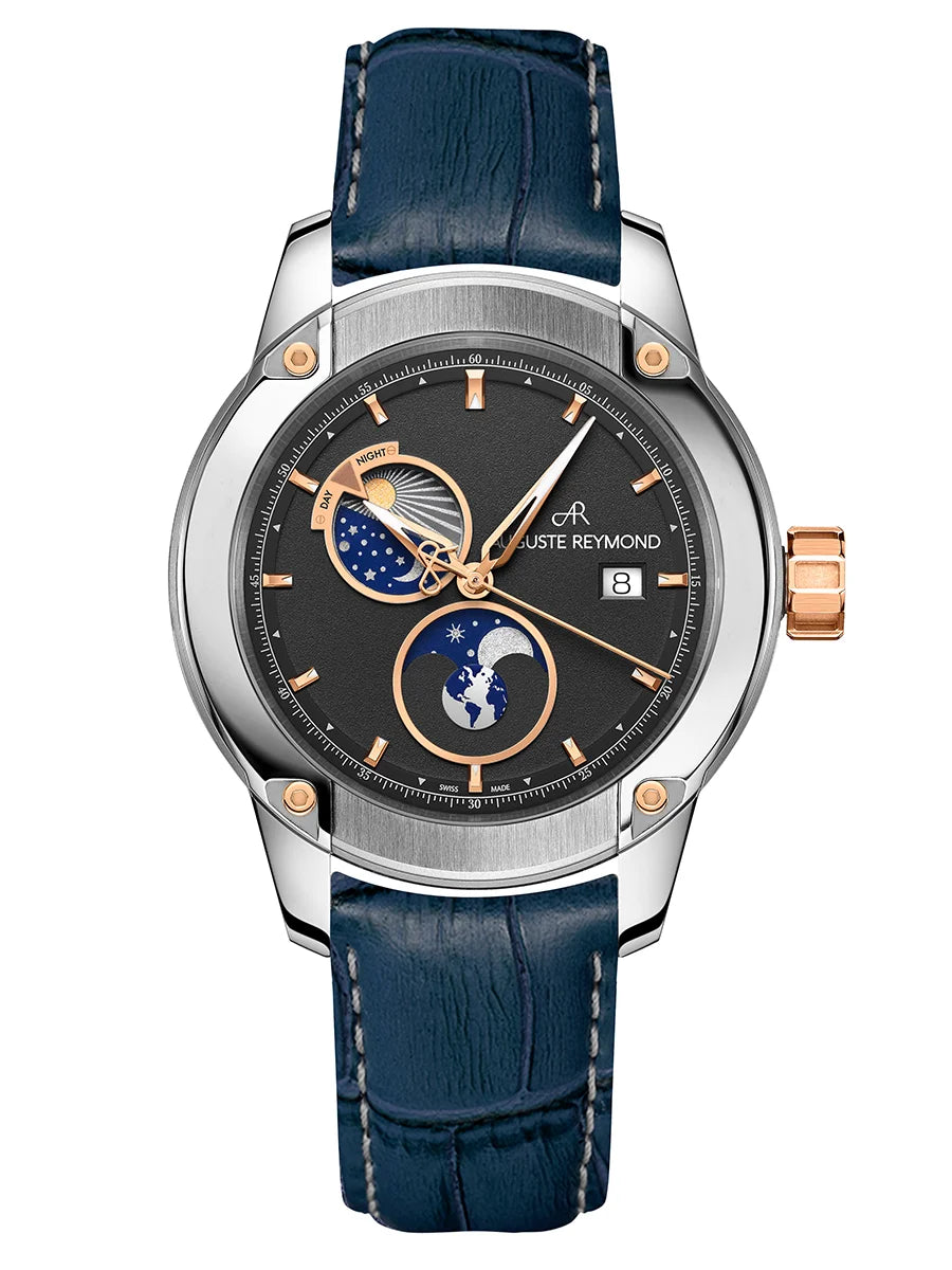 AUGUSTE REYMOND UNITY DAY AND NIGHT BLACK AND GOLD GENTLEMAN’S DRESS BLUE LEATHER