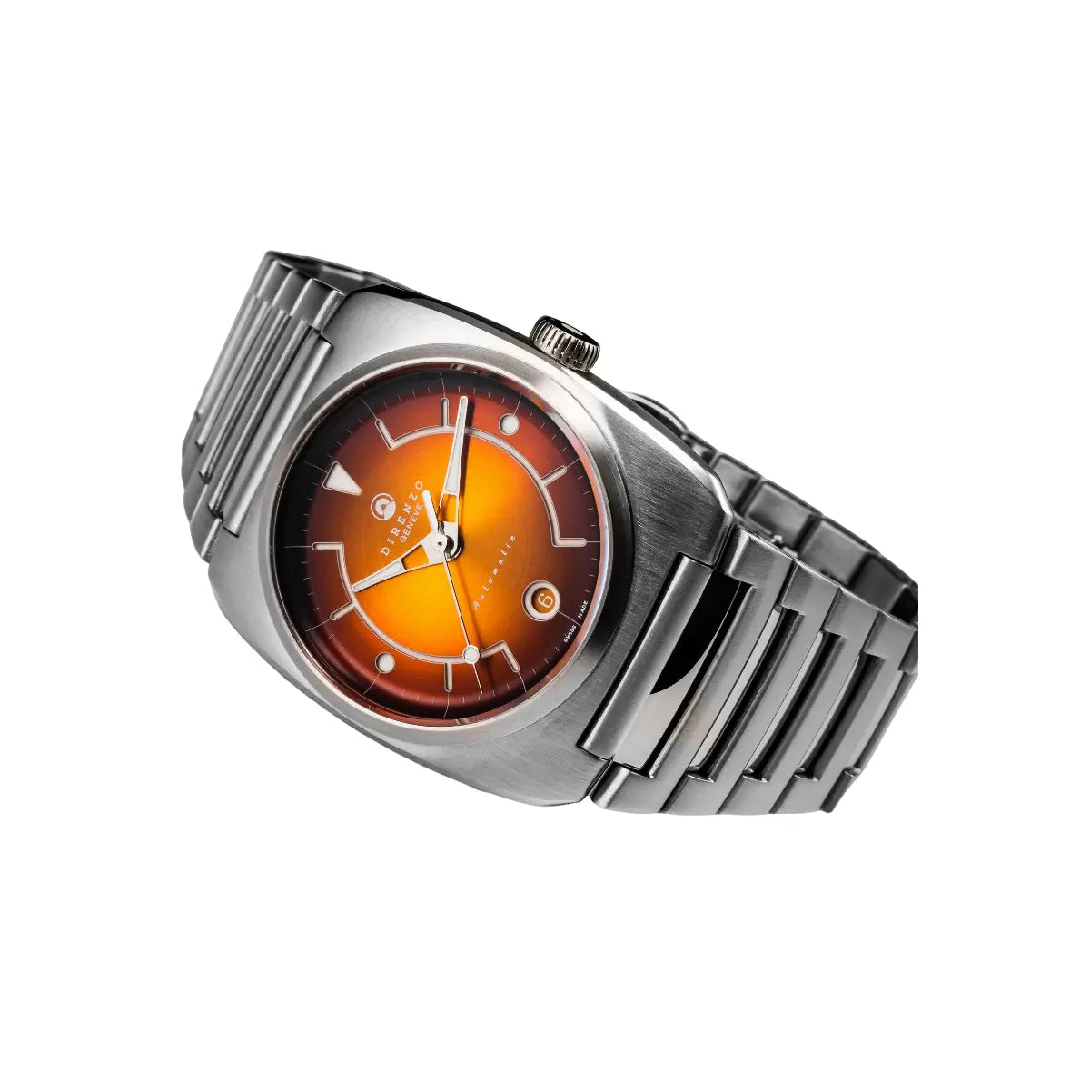 Silver watch with a distinctive orange face on a white background