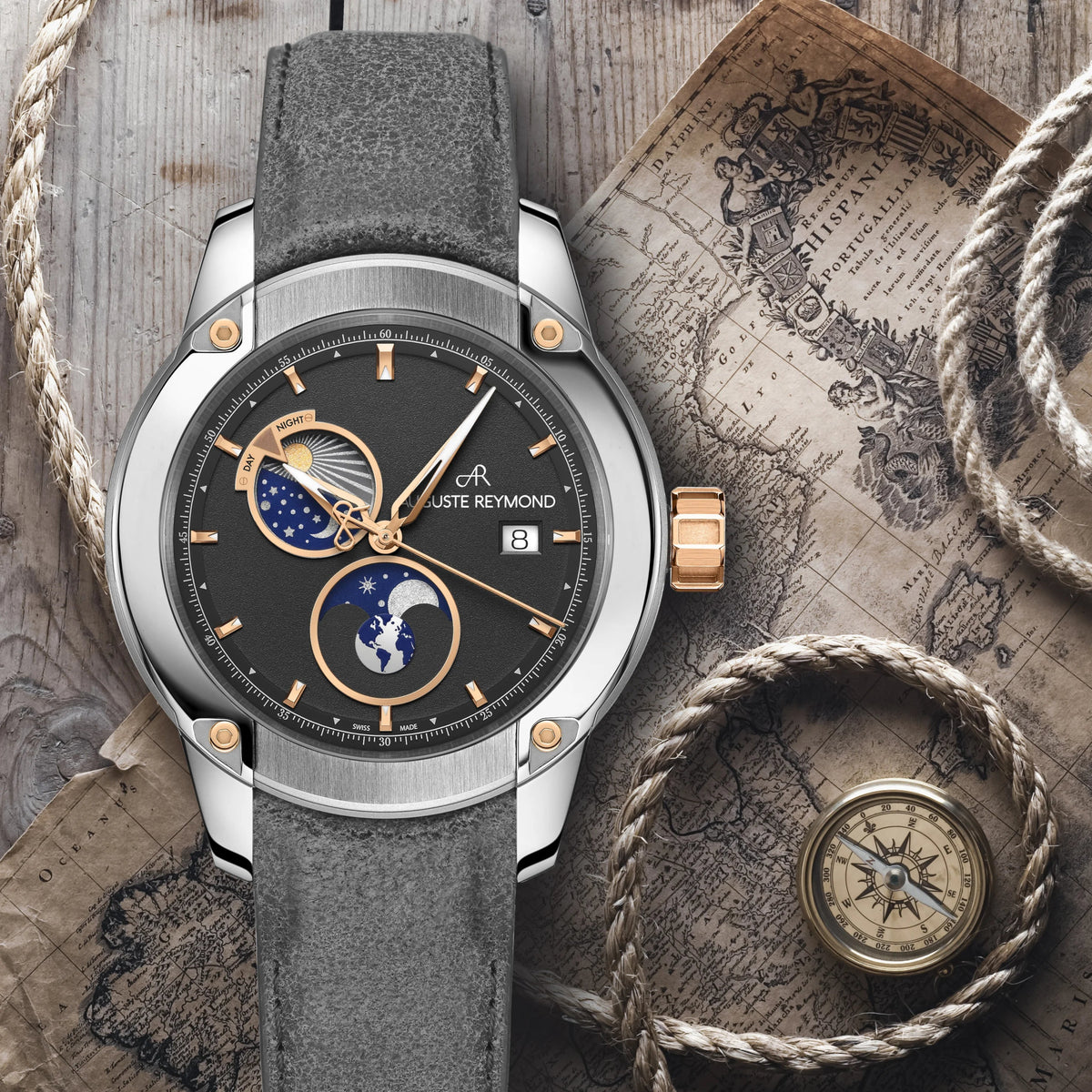 AUGUSTE REYMOND UNITY DAY AND NIGHT GREY AND GOLD GENTLEMAN’S DRESS BROWN LEATHER - WATCHH