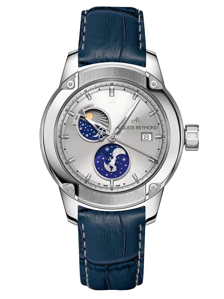 AUGUSTE REYMOND UNITY DAY AND NIGHT SUNBRUSHED SILVER GENTLEMAN’S DRESS BLUE LEATHER - WATCHH