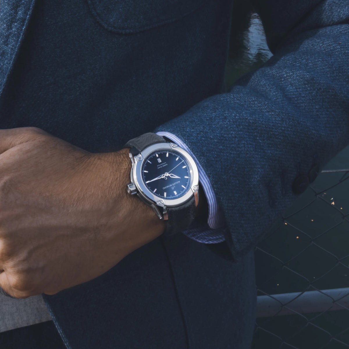 AUGUSTE REYMOND UNITY SUNBRUSHED SILVER AND GOLD GENTLEMAN’S DRESS BLUE LEATHER - WATCHH