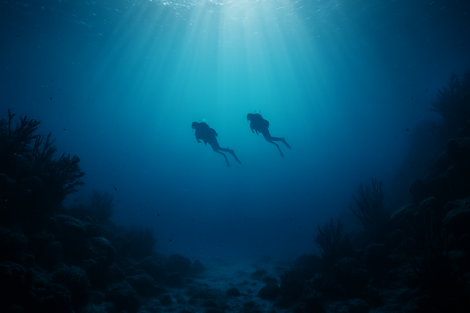 show in distance divers swimming under water